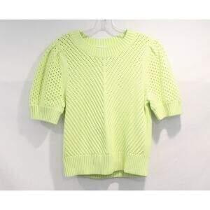 Cabi Beaming Sweater Crochet Knit Womens size M Neon Green Puff Sleeves Pullover